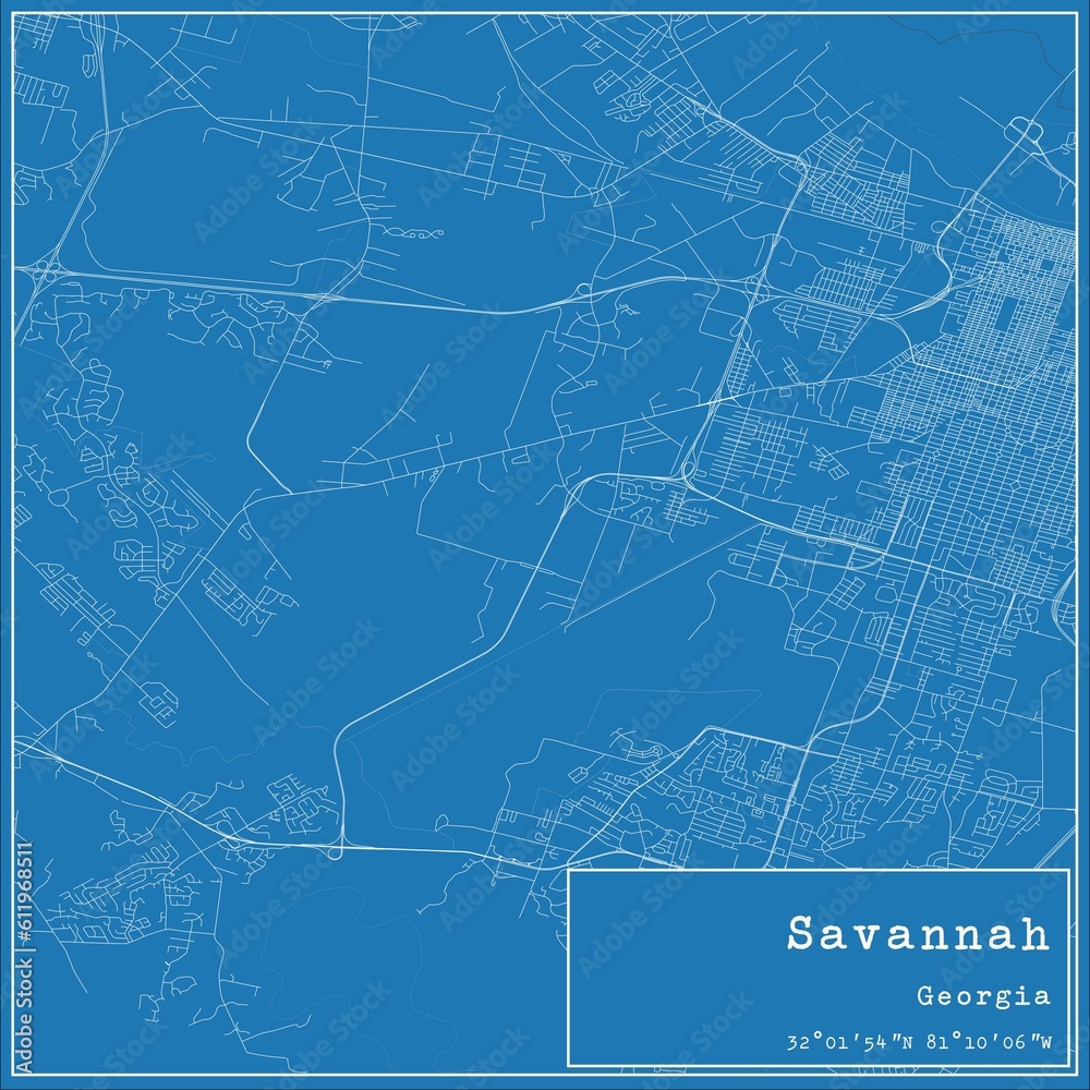 Blueprint US city map of Savannah, Georgia.