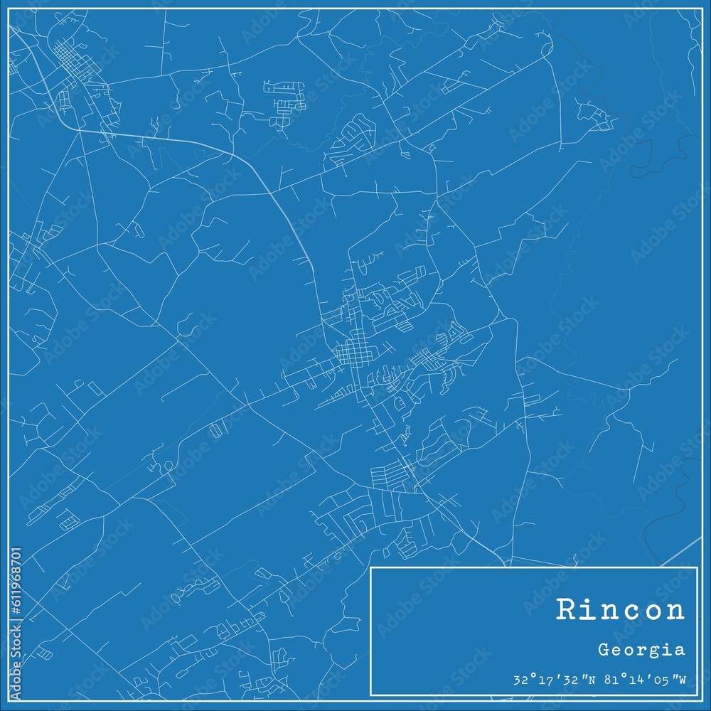 Blueprint US city map of Rincon, Georgia.