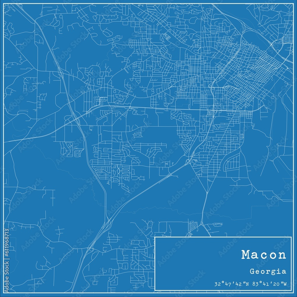 Blueprint US city map of Macon, Georgia.
