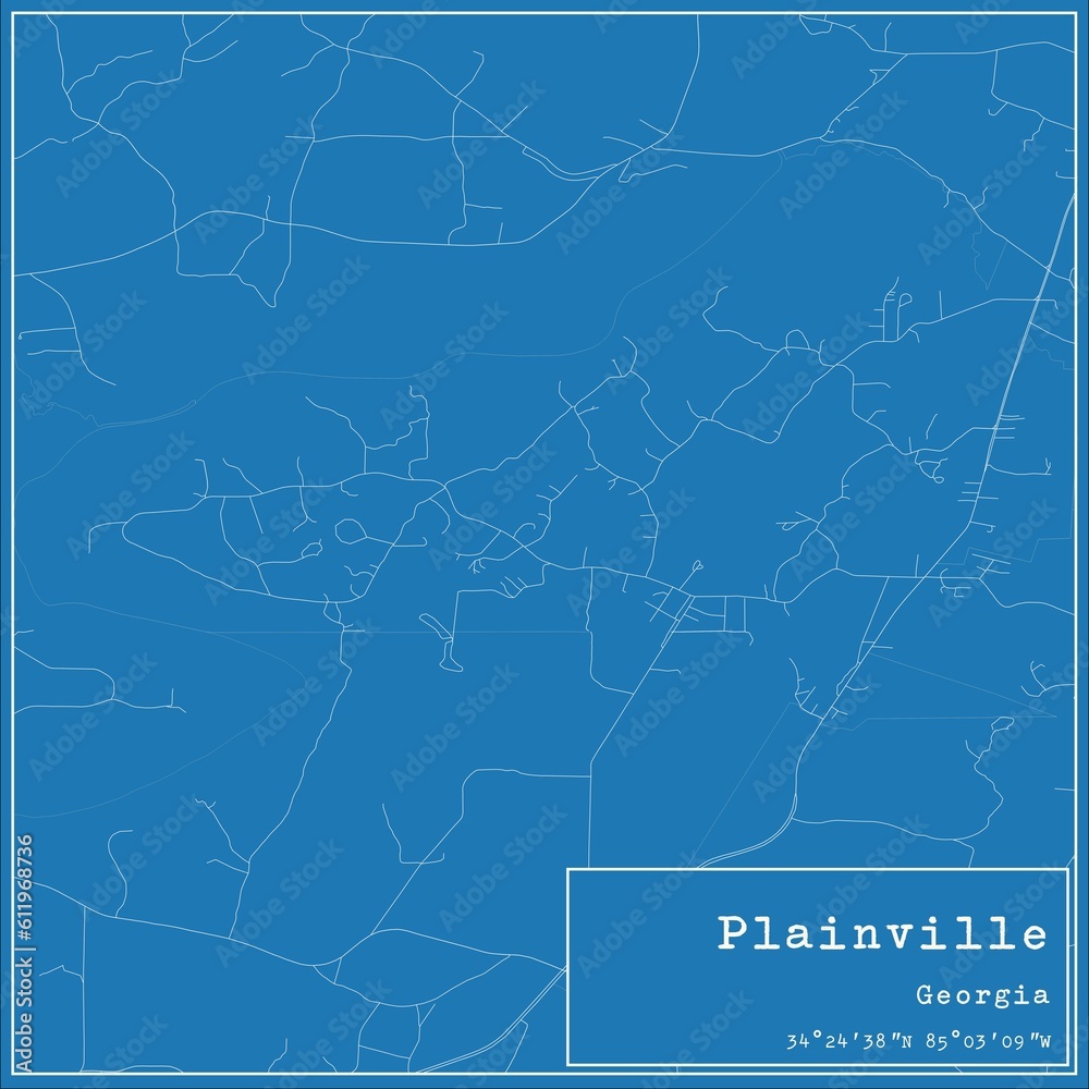 Blueprint US city map of Plainville, Georgia.