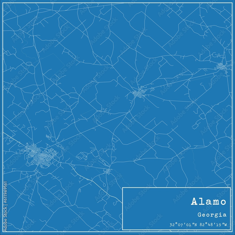 Blueprint US city map of Alamo, Georgia.
