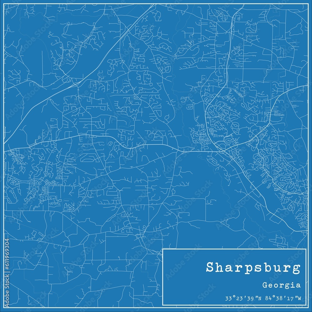 Blueprint US city map of Sharpsburg, Georgia.
