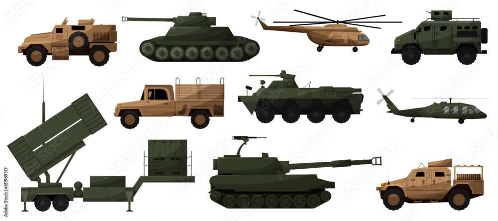 Military production set. New type of weapon flat vector illustration.