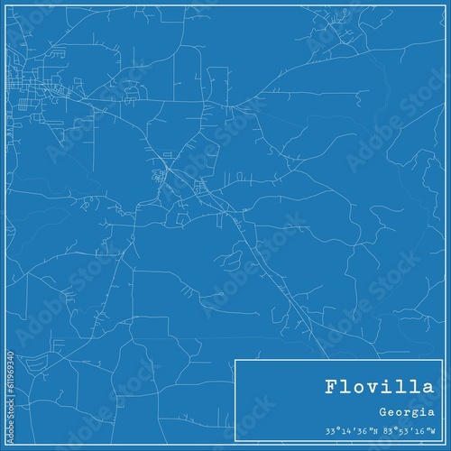 Blueprint US city map of Flovilla, Georgia.