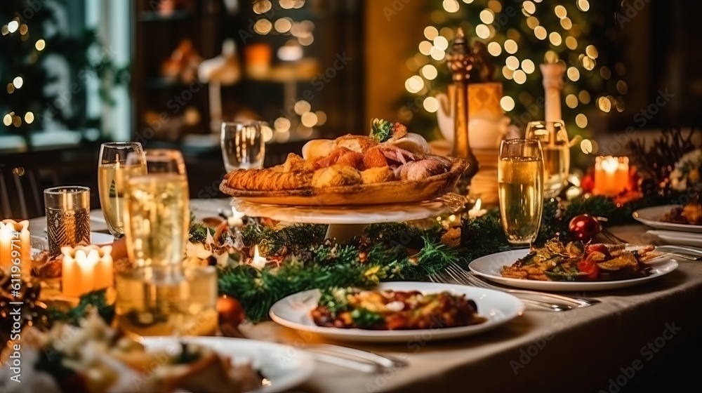 Christmas Dinner table full of dishes with food and snacks, New Year's decor with a Christmas tree on the background.
Generative AI