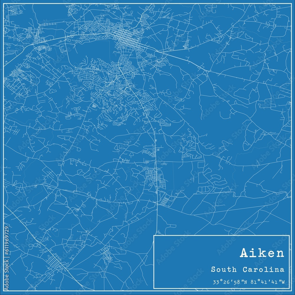 Blueprint US city map of Aiken, South Carolina.