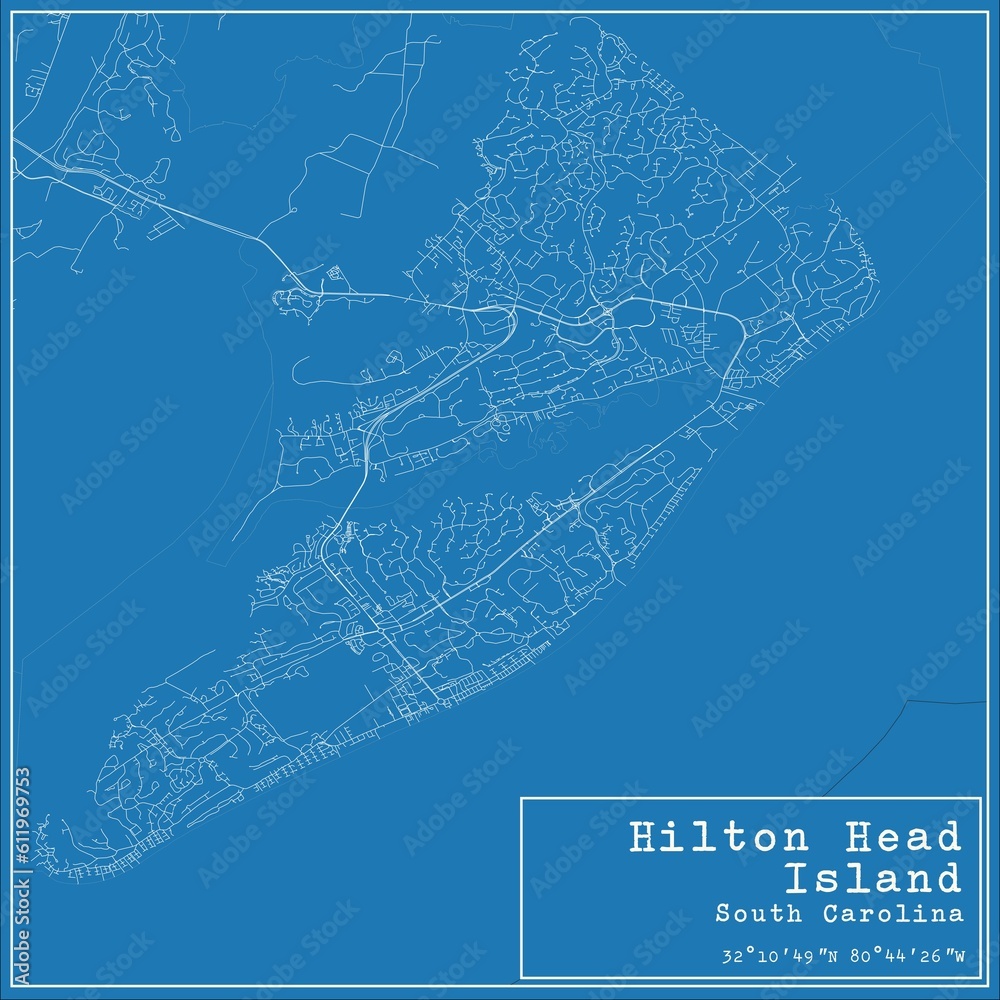 Blueprint US city map of Hilton Head Island, South Carolina.