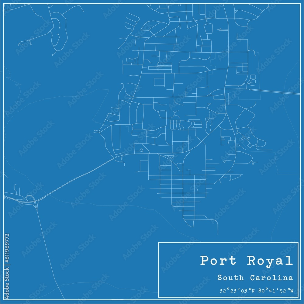 Blueprint US city map of Port Royal, South Carolina.