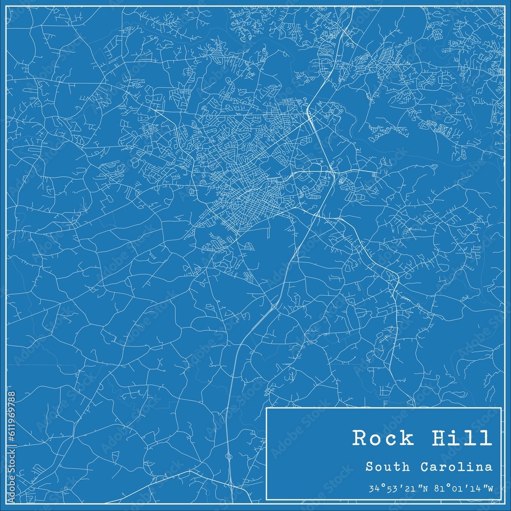 Blueprint US city map of Rock Hill, South Carolina.