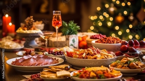 Christmas Dinner table full of dishes with food and snacks, New Year's decor with a Christmas tree on the background. Generative AI