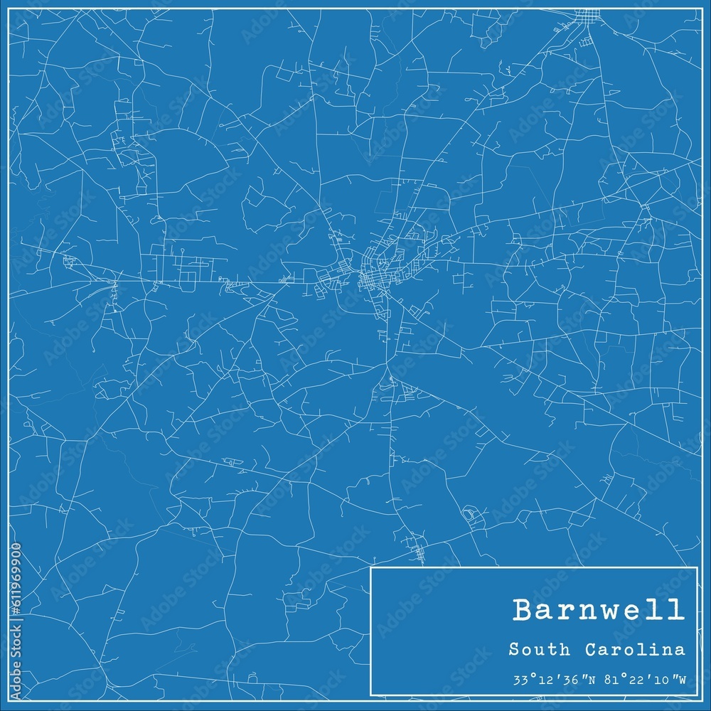 Blueprint US city map of Barnwell, South Carolina.