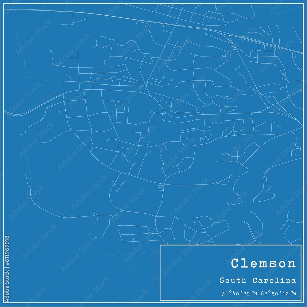 Blueprint US city map of Clemson, South Carolina.