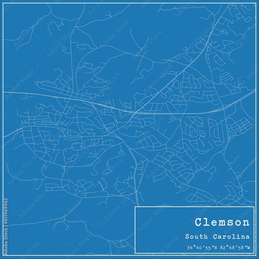 Blueprint US city map of Clemson, South Carolina.