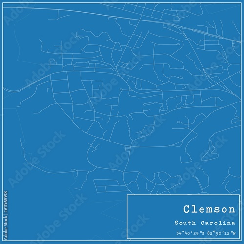 Blueprint US city map of Clemson, South Carolina.