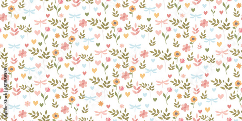 Seamless vector botanical pattern in gentle pastel colors. Leaves, branches, butterflies and dragonflies in gentle colors.