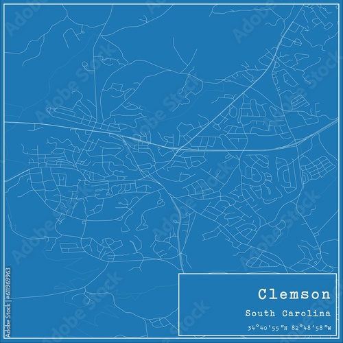 Blueprint US city map of Clemson, South Carolina.