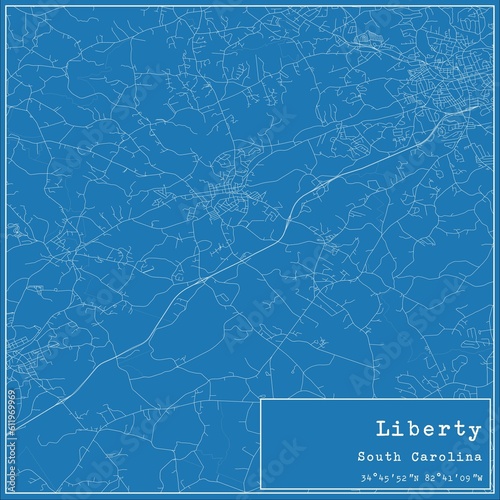 Blueprint US city map of Liberty, South Carolina.