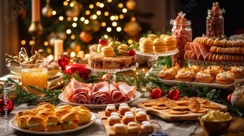 tasty Dinner table full of dishes with food and snacks, New Year's decor with a Christmas tree on the background.