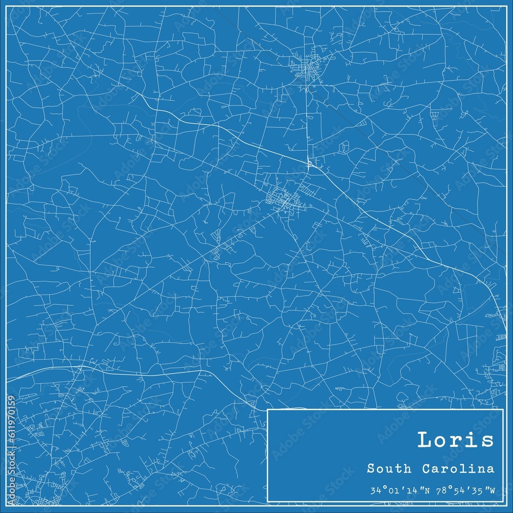 Blueprint US city map of Loris, South Carolina.