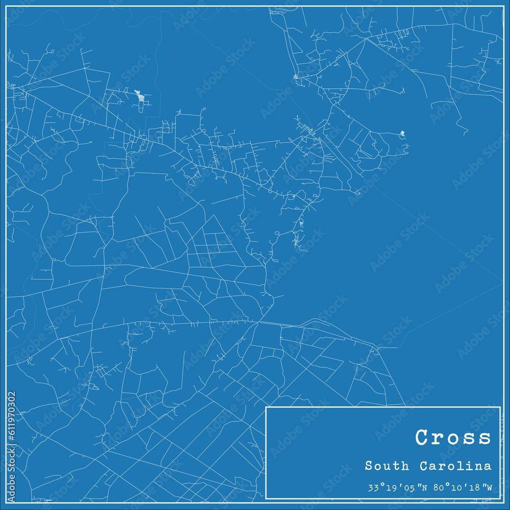 Blueprint US city map of Cross, South Carolina.