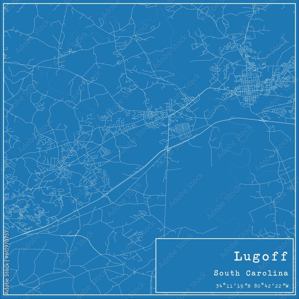 Blueprint US city map of Lugoff, South Carolina.