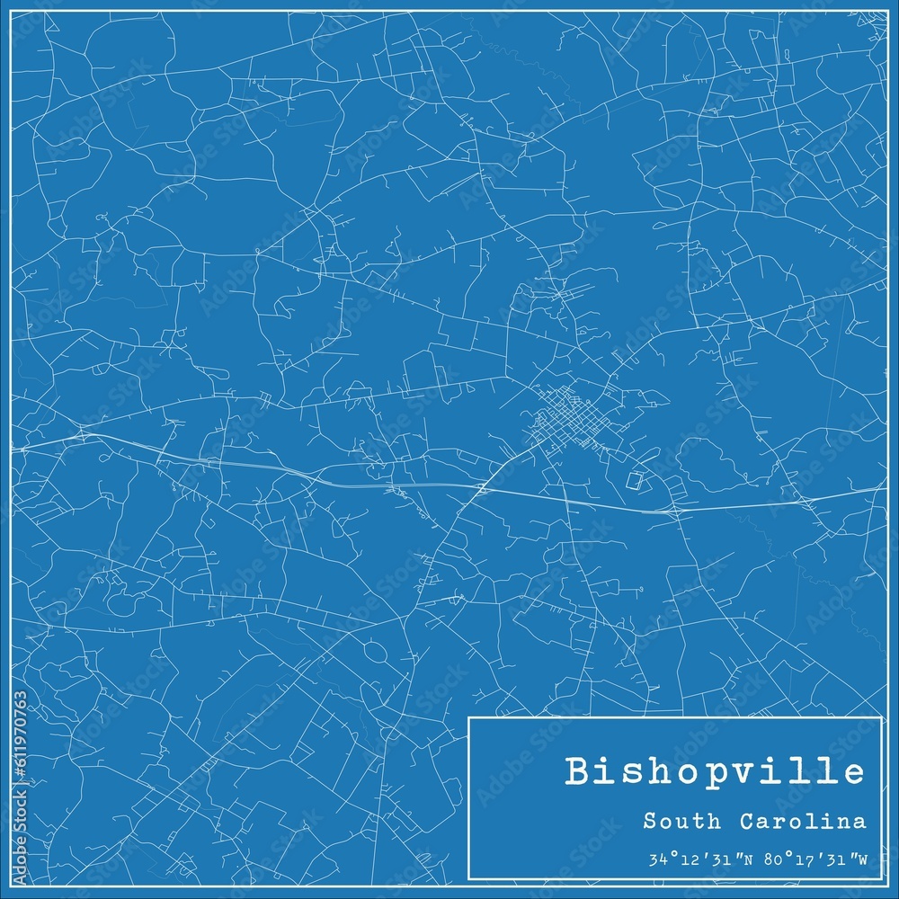Blueprint US city map of Bishopville, South Carolina.
