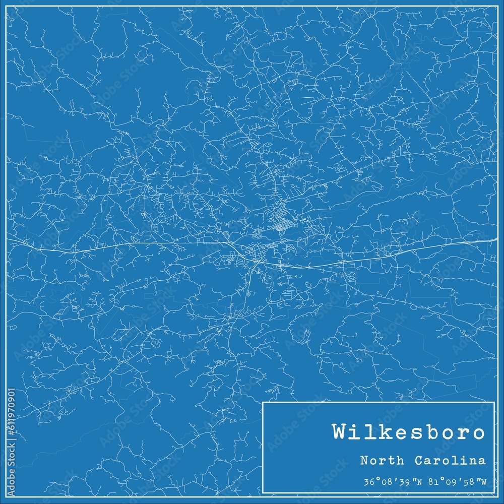 Blueprint US city map of Wilkesboro, North Carolina.