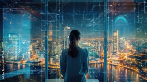 Business woman on top floor looking through panoramic windows at smart networked city with digital abstract holograms of network model. Generative AI