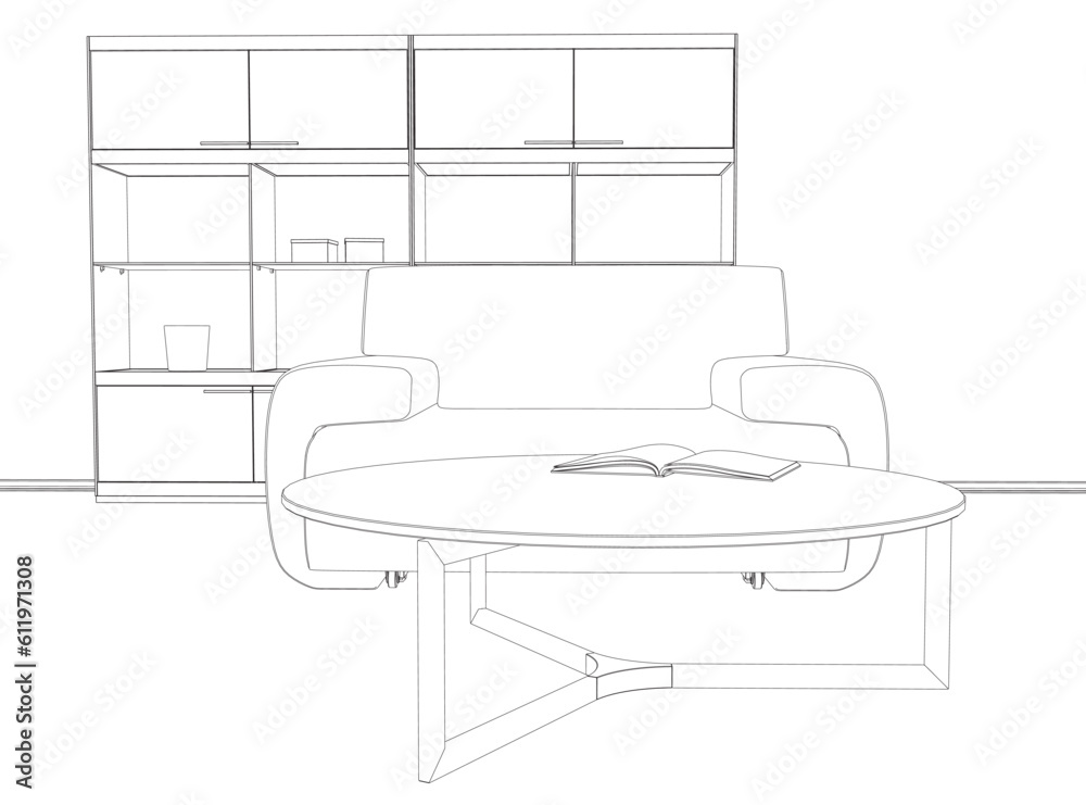Living room contour. Modern interior and furniture. Minimalistic creativity and art. Cartoon flat vector illustration. Outline Interior design with modern living room. Book on the table..