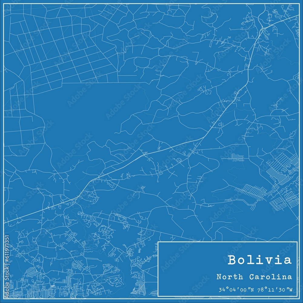 Blueprint US city map of Bolivia, North Carolina.