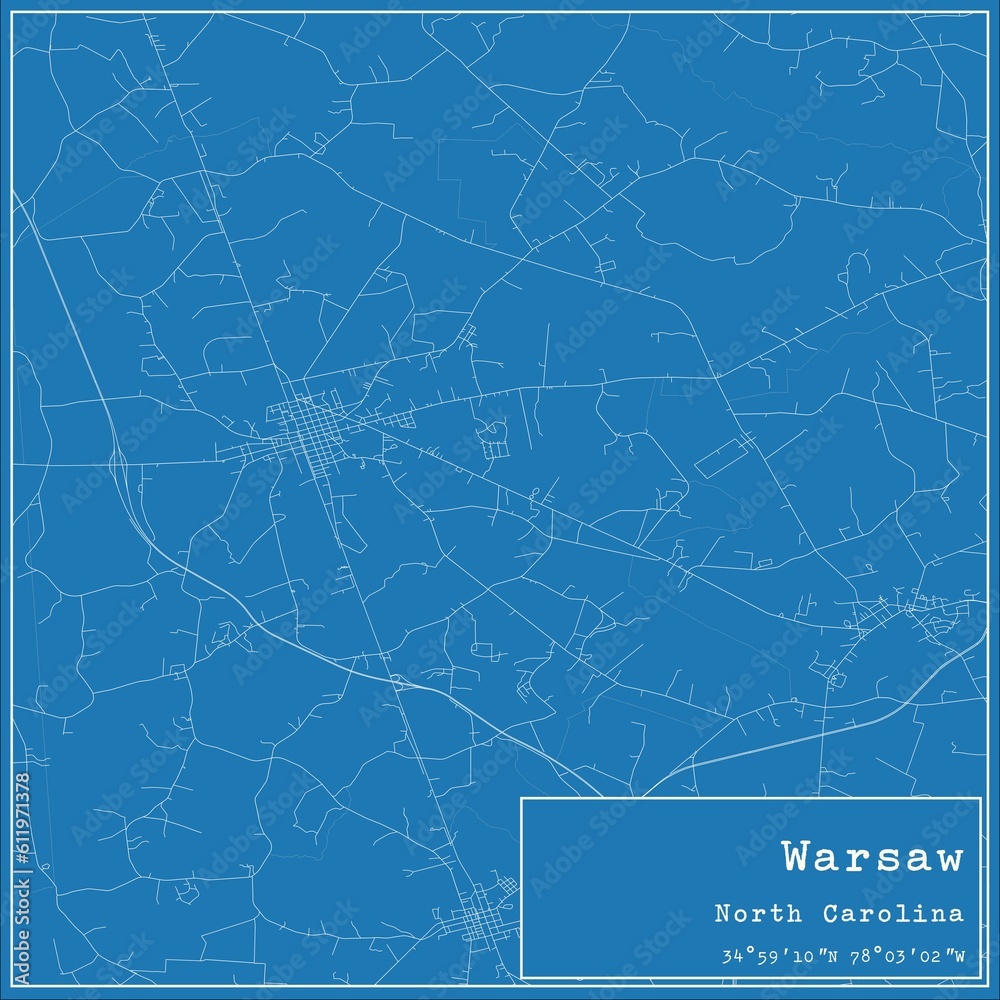 Blueprint US city map of Warsaw, North Carolina.