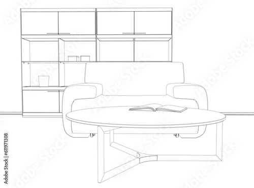 Living room contour. Modern interior and furniture. Minimalistic creativity and art. Cartoon flat vector illustration. Outline Interior design with modern living room. Book on the table..