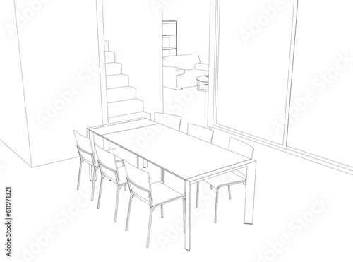 Outline Dining room home interior graphic black white sketch illustration vector. Dining table and chairs in contour art drawing style. Classic style dining room furniture. Vector illustration.