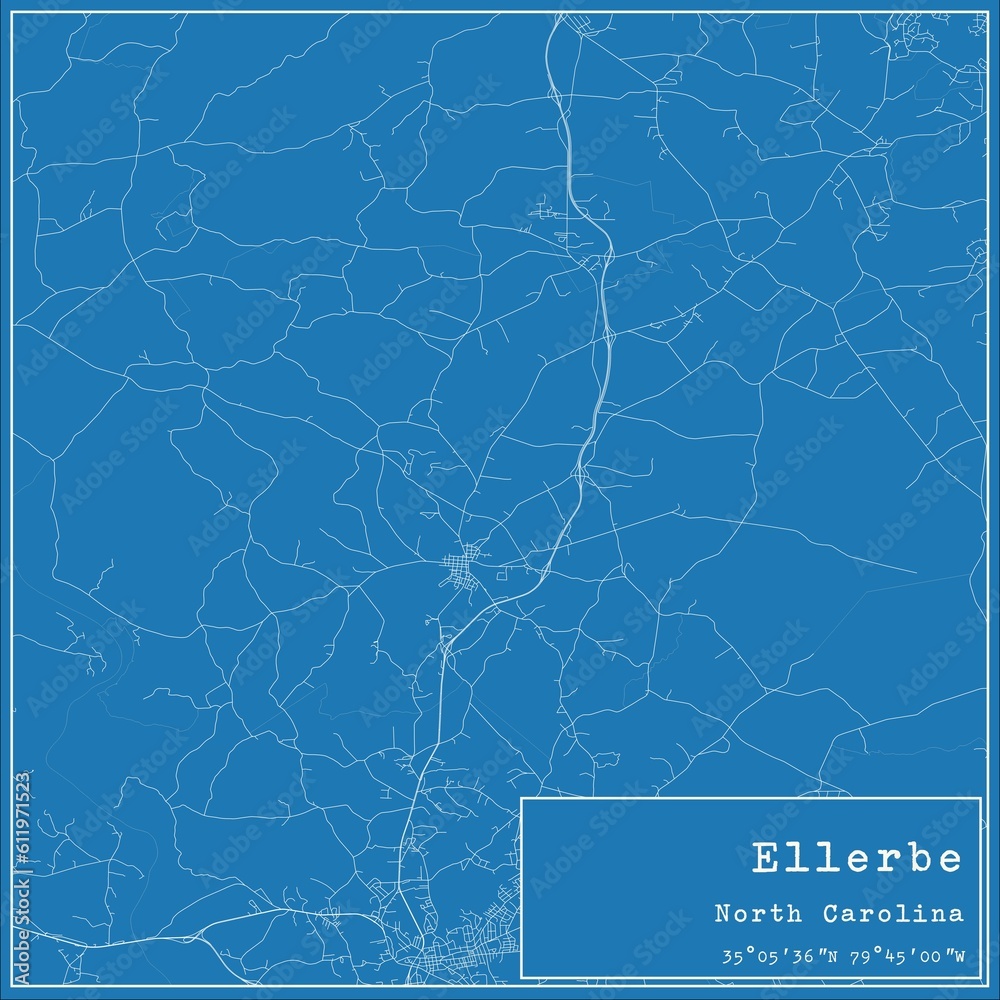 Blueprint US city map of Ellerbe, North Carolina.