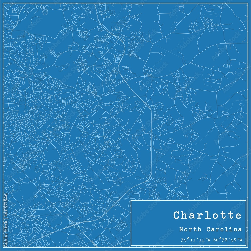 Blueprint US city map of Charlotte, North Carolina.