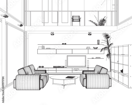 Wireframe Interior design modern living room in black line on white background , vector illustration. Living room interior. Line style furniture: sofa, bookshelf, TV shelf, flowerpot. View front. 3D..