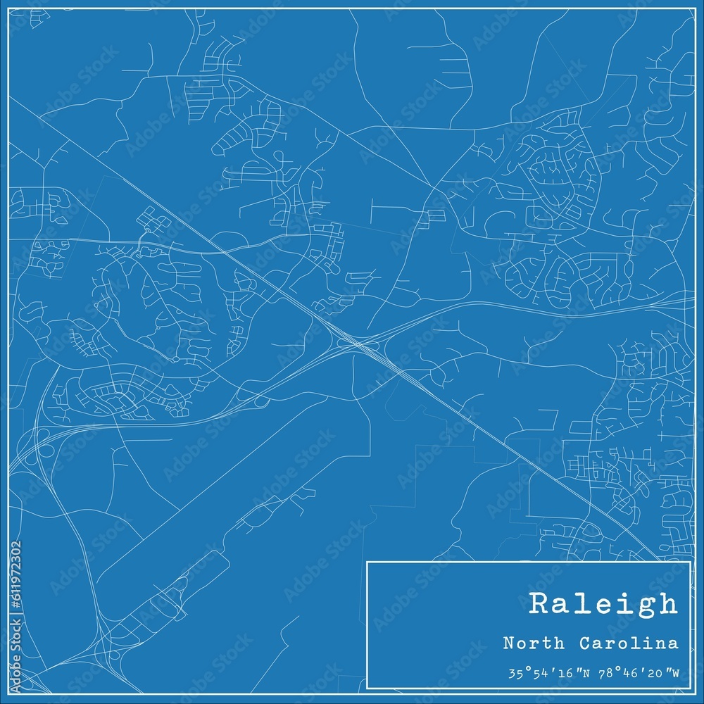 Blueprint US city map of Raleigh, North Carolina.