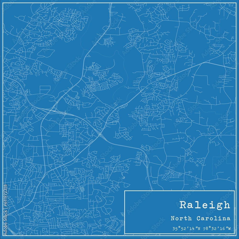 Blueprint US city map of Raleigh, North Carolina.