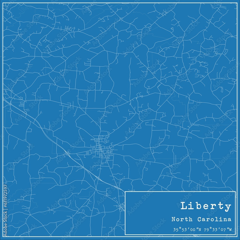 Blueprint US city map of Liberty, North Carolina.
