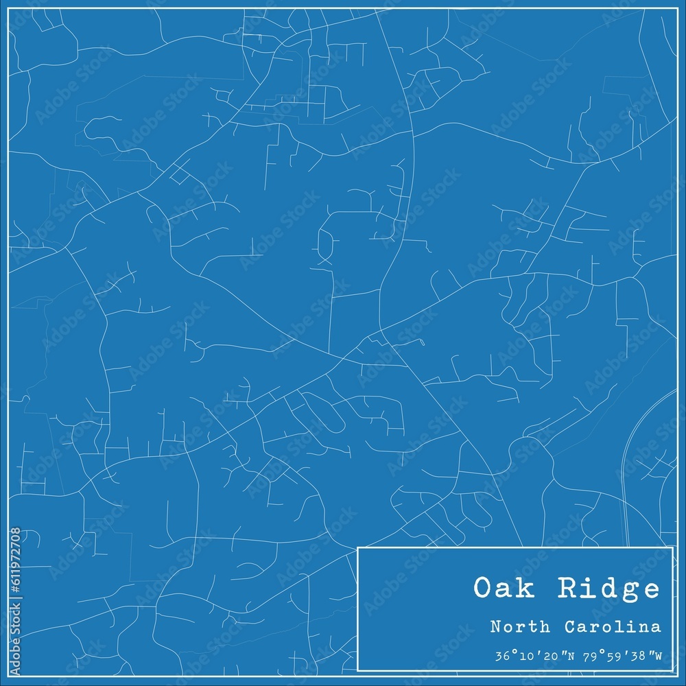 Blueprint US city map of Oak Ridge, North Carolina.