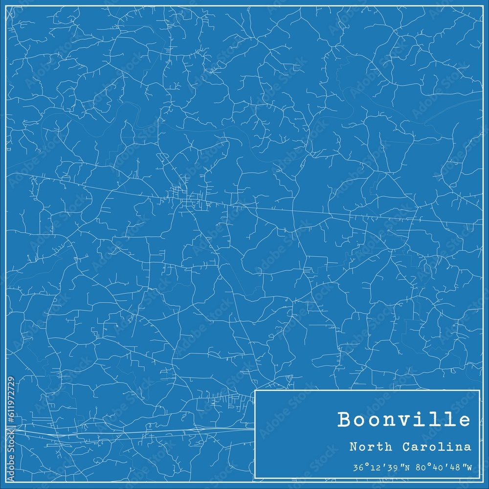 Blueprint US city map of Boonville, North Carolina.