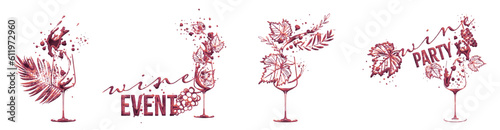 Colorful wine designs. Collection of wine elements. Hand drawn. Designs for advertising banners, menus and invitation cards. Wine glasses with splashing wine. Sketch vector illustration.