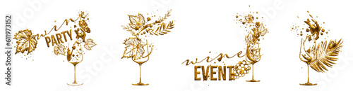 Colorful wine designs. Collection of wine elements. Hand drawn. Designs for advertising banners, menus and invitation cards. Wine glasses with splashing wine. Sketch vector illustration.