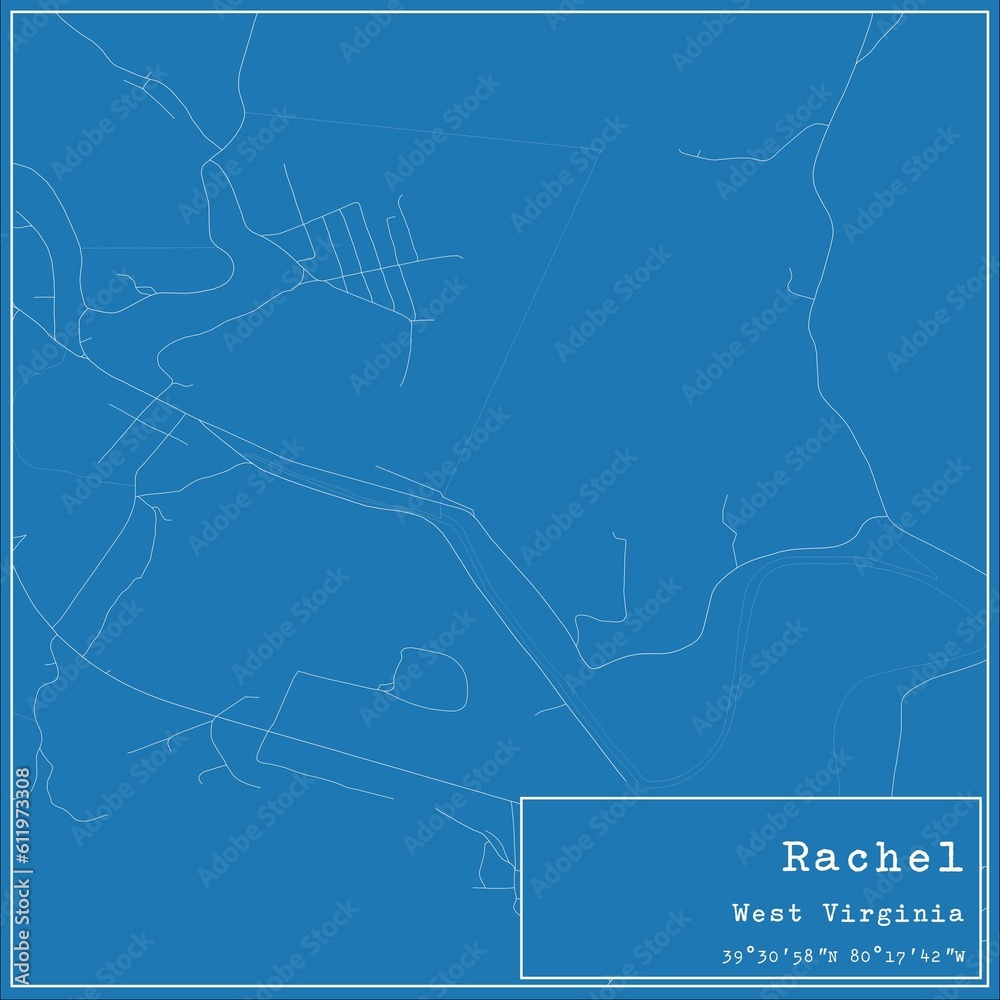 Blueprint US city map of Rachel, West Virginia.