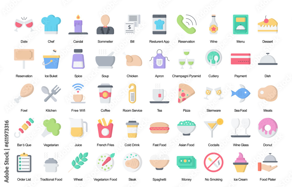 Fototapeta premium Restaurant Flat Icons Food Dessert Donut Color Icon Bundle 50 Vector Icons