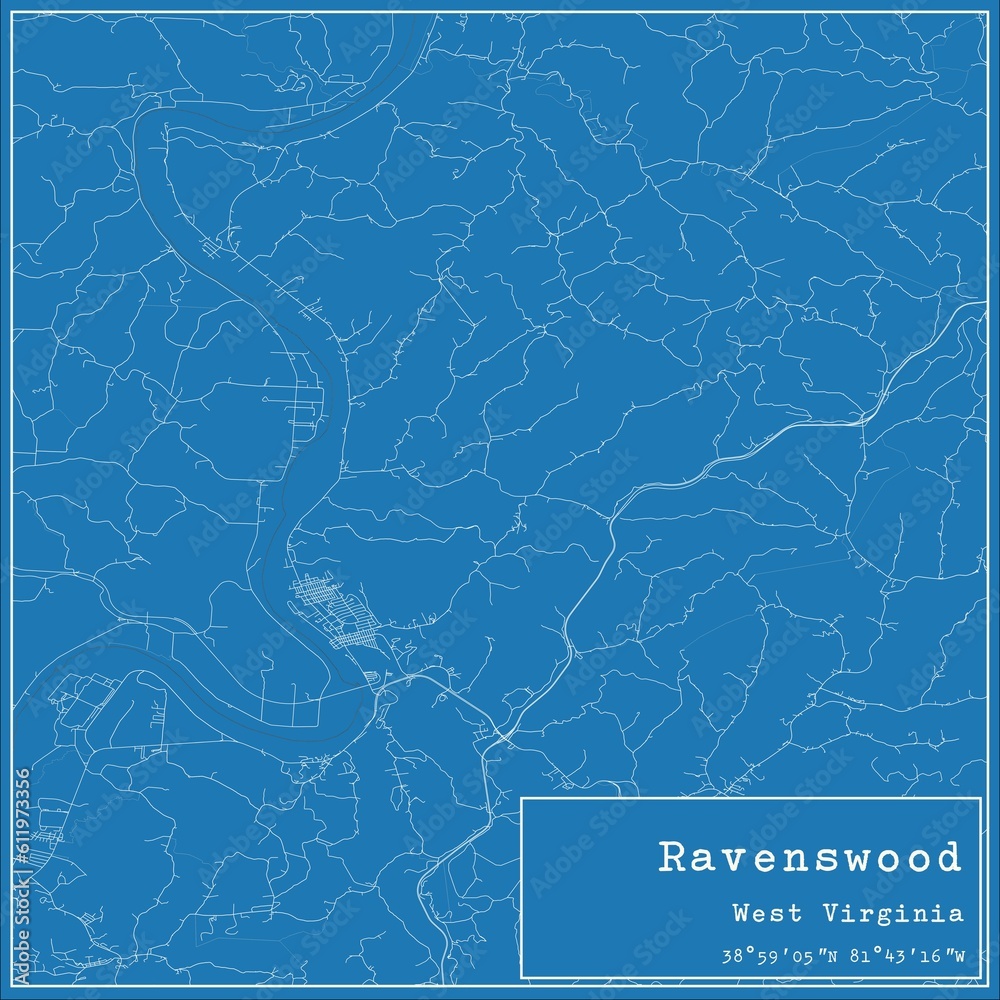Blueprint US city map of Ravenswood, West Virginia.