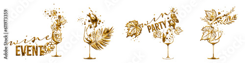 Colorful wine designs. Collection of wine elements. Hand drawn. Designs for advertising banners, menus and invitation cards. Wine glasses with splashing wine. Sketch vector illustration.