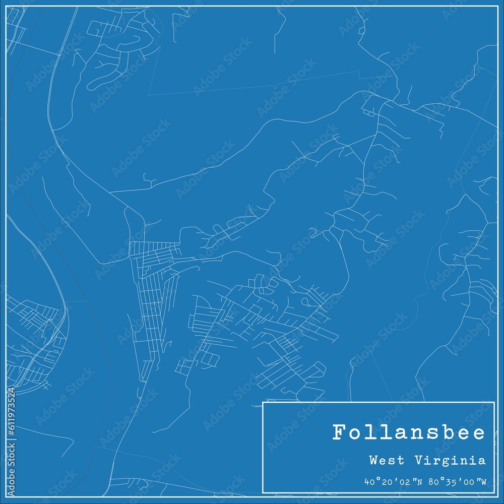 Blueprint US city map of Follansbee, West Virginia.