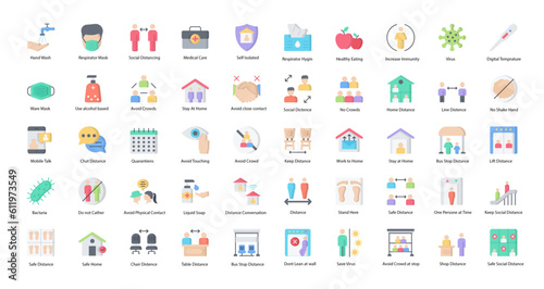 Social Distancing Flat Icons Corona Medical Iconset in Color Style 50 Vector Icons