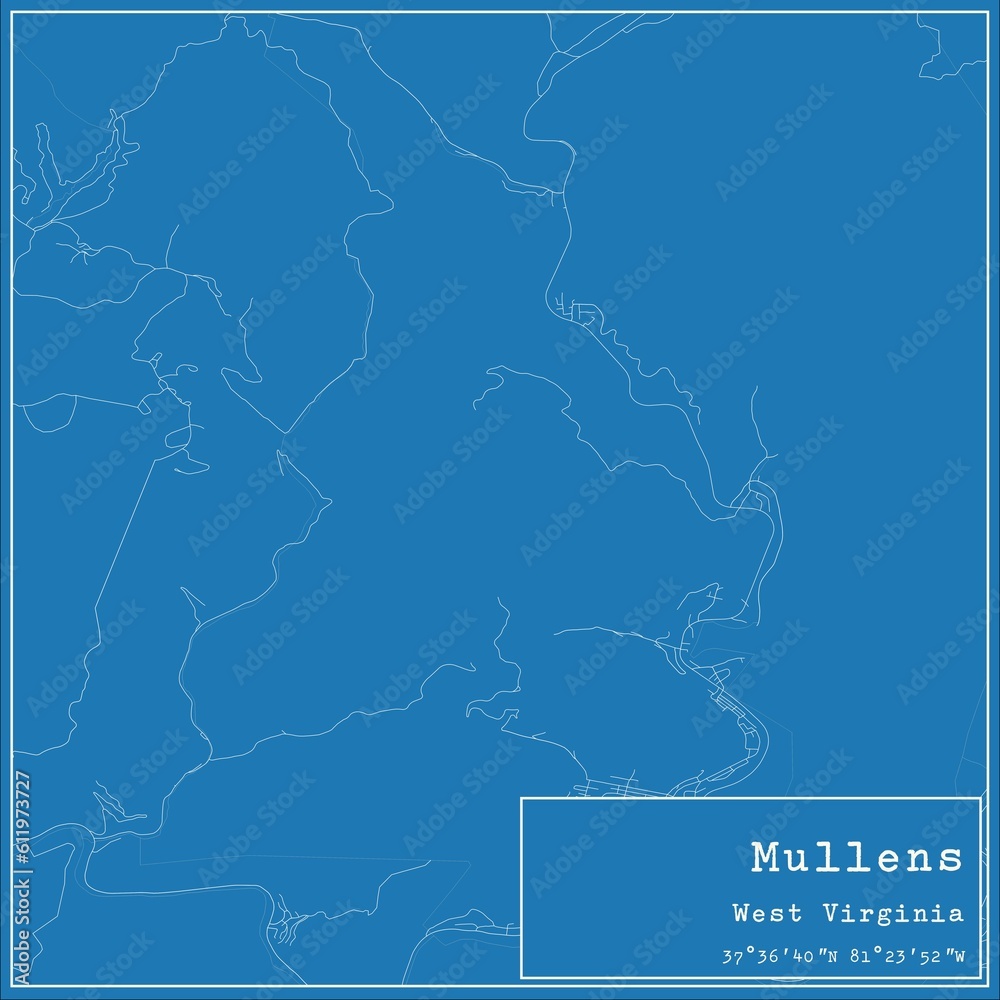 Blueprint US city map of Mullens, West Virginia.